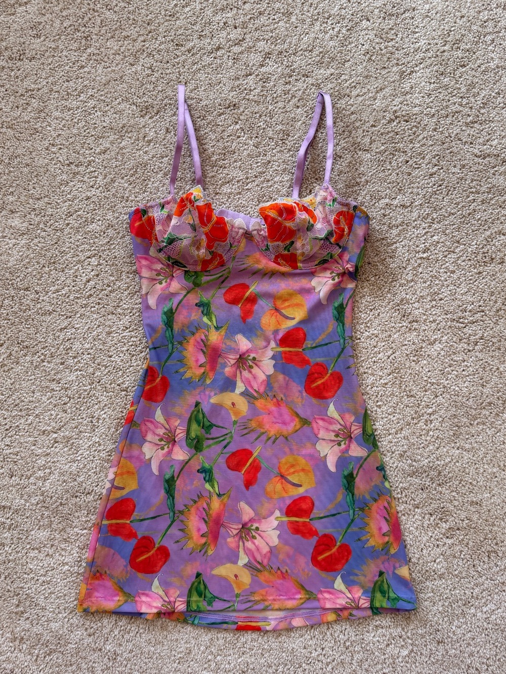 Savage X Fenty Lilac Floral Slip with Pink & Yellow Accents
